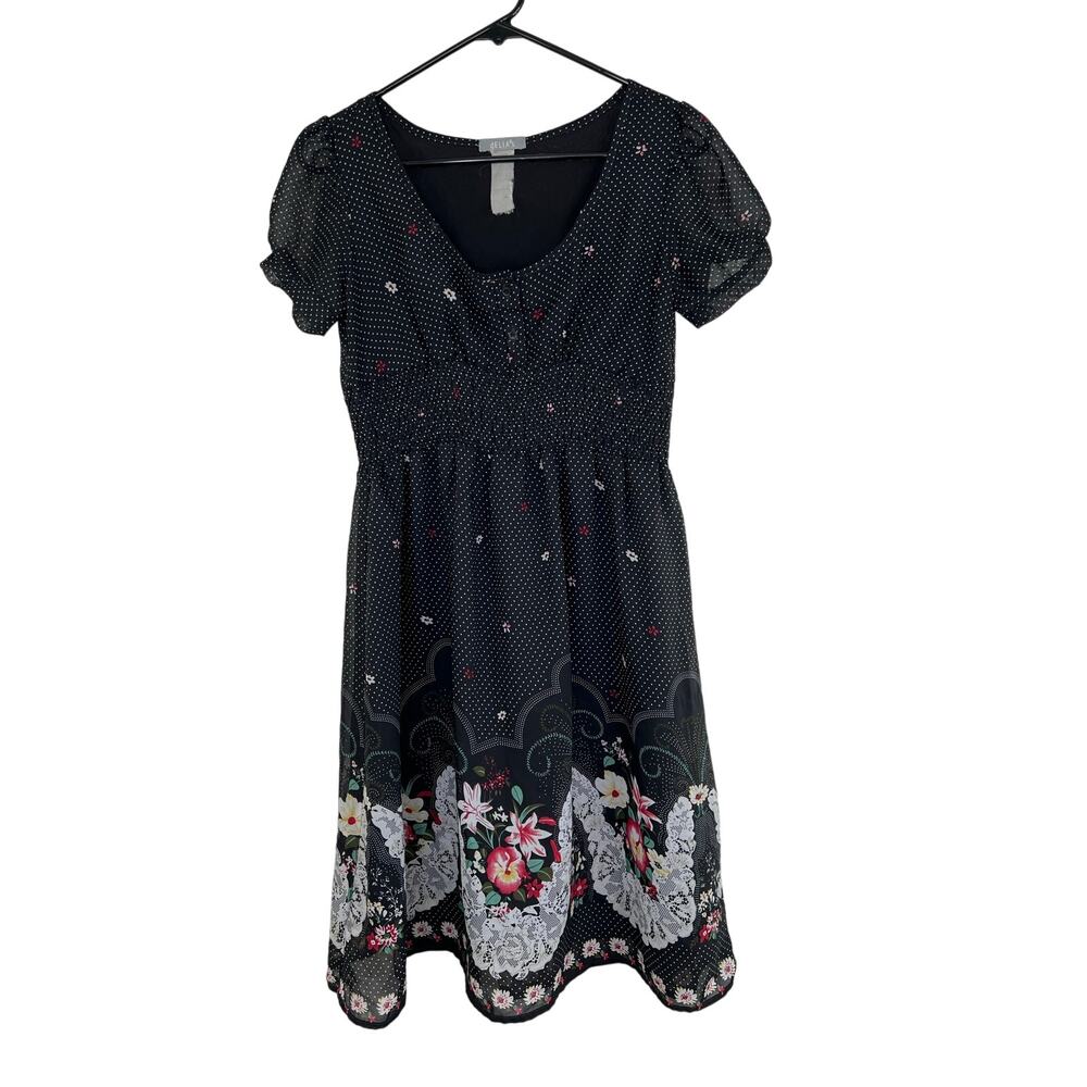 Delias Border Print Polka Dot Floral Dress S/M Black Puff Sleeve Cottage Whimsy